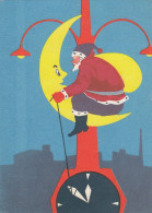 Santa Claus W Christmas Gifts Bag On Crescent Moon Old Postcard 1963 - Santa Claus