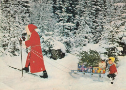 Santa Claus Skiing W Christmas Gifts On Sled Old Postcard - Santa Claus