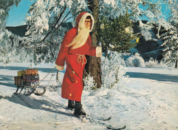 Santa Claus Skiing W Christmas Gifts On Sled Old Postcard - Santa Claus