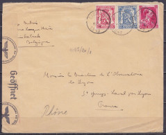 Env. Affr. N°423+426+528 Càd LINKEBEEK /19 V 1943 Pour SAINT-GENIS-LAVAL Par Lyon - Bande & Cachet Censure Allemande - 1935-1949 Kleines Staatssiegel