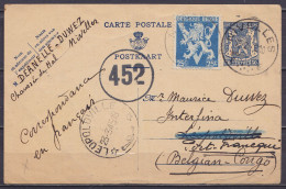 EP CP 50c Bleu + N°676 Càd NIVELLES /10-2-1945 Pour LEOPOLDVILLE Congo Belge Réexpédiée à PORT-FRANCQUI - Cachet Censure - Cartes Postales 1934-1951