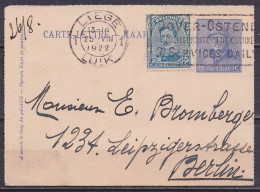 EP Carte-lettre 25c Bleu Roi Casqué + N°141 Flam. LIEGE /25.VIII 1922/ LUIK Pour BERLIN - Cartes-lettres
