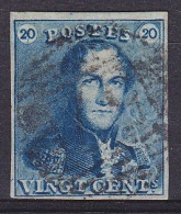 Belgique - N°2 Obl. Epaulettes 20c Bleu Bien Margé - Griffe En-dessous De "0" De "20" - 1849 Hombreras