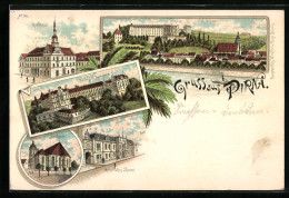 Lithographie Pirna, Heilanstalt Sonnenstein, Rathhaus Und Kaiserliches Postamt  - Pirna