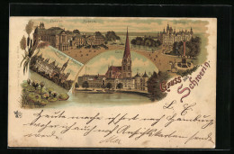 Lithographie Schwerin / Mecklenburg, Dom, Ortspartie Mit Theater Und Schloss, Seerosen  - Teatro