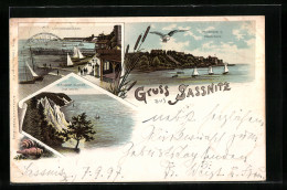 Lithographie Sassnitz, Wissower Klinken, Landungsbrücken, Damenbad Und Promenade  - Sassnitz