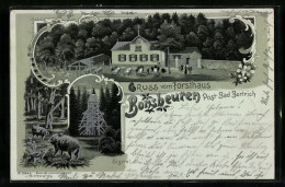 Lithographie Bonsbeuren / Bad Bertrich, Forsthaus, Signal Mit Wildschweinen  - Chasse