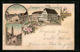 Lithographie Brühl / Baden, Gasthaus Z. Goldenen Pflug, Hauptstrasse Mit Rathaus, Cigarrenfabrik  - Baden-Baden