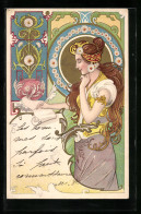 AK Junge Frau Mit Feder Und Papier, Jugendstil  - Other & Unclassified