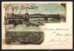 Lithographie Düsseldorf, Neuer Rheinhafen, Teilansicht Mit Rheinbrücke  - Duesseldorf