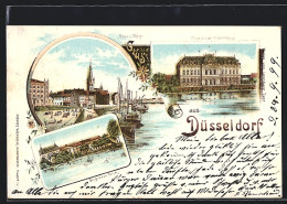 Lithographie Düsseldorf, Provinzial-Ständehaus, Rhein-Werft, Der Grosse Teich  - Duesseldorf