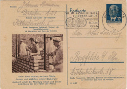 Niemand Hat Die Absicht, Eine Mauer Zu Errichten! - Berlin 1954 - Ganzsache Ziegel Maurer Mörtel DDR Pieck Friedensfahrt - Cartoline - Usati