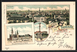 Lithographie Chemnitz, Altes Rathaus Mit Markt, Sieges-Denkmal, Totalansicht  - Chemnitz