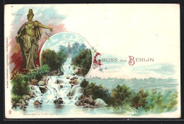 Lithographie Berlin-Kreuzberg, Wasserfall Im Victoriapark  - Kreuzberg