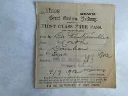 Eisenbahnfahrkarte Nr. 11808. First Class Free Pass. Pass Dr. Kuntzemüller From London To Downham On Sept. 1902 Von... - Unclassified