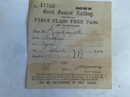 Eisenbahnfahrkarte Nr. 11790. First Class Free Pass. Pass Mr. Kuntzemüller From Downham To Tyne On Sept. 1902 Von... - Unclassified