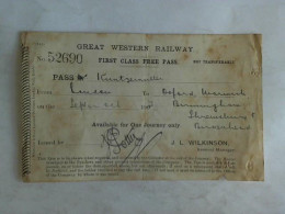 Eisenbahnfahrkarte Nr. 52690. First Class Free Pass. Pass Mr Kuntzemüller. From London To Oxford Maverick,... - Unclassified
