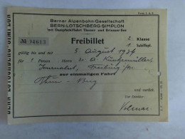 Bern-Lötschberg-Simplon Mit Dampfschiffahrt Thuner- Und Brienzer-See. Freibillet Nr. 04613 2. Klasse 1. Schiffspl.... - Non Classés