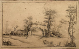 (Flusslandschaft Mit Brücke Und Bauern - River Landscape With Bridge And Farmers) - Zeichnung Dessin Drawing - Stiche & Gravuren