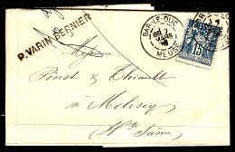 LETTRE DE BAR-LE-DUC -1898 - TYPE SAGE PERFORÉ [VB] VARIN BERNIER -  POUR MELISEY - Autres & Non Classés