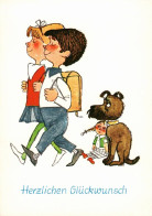 H1852 - Glückwunschkarte Schulanfang - Kinder Hund Dog Puppe - Verlag Karl Marx Stadt DDR Grafik - Children's School Start