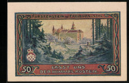 Notgeld Freiburg / Schlesien 1921, 50 Pfennig, Kirche Und Blick Auf Das Schloss Fürstenstein  - [11] Emisiones Locales