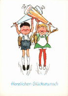 H1856 - Glückwunschkarte Schulanfang - Kinder Zuckertüte - Verlag Karl Marx Stadt DDR Grafik - Children's School Start