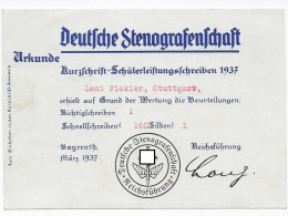 Urkunde Im Postkartenformat Der Stenografenschaft Stuttgart, 1937 - Historische Dokumente