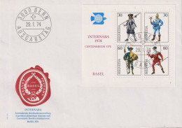 1974 Schweiz FDC INTERNABA Basel, Zum:CH W50, Mi:CH Bl.22 Gedenkblock: Postboten Basel, Zug, Uri, Schwyz - FDC