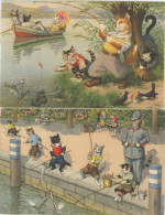 2 Cards Humanized Cats Angling . Policeman . Fishing . 2 CP Chats Humain à La Peche Policier - Dressed Animals