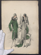Handzeichnung Zwei Damen In Eleganten Winterkleidern Mit Pelzkragen, Handkoloriert, Trockenstempel Schoellershammer  - Zeichnungen