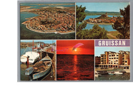 GRUISSAN 11 - Souvenir Vue Aerienne Generale Le Port Bâteau De Peche Et Plaisance Coucher De Soleil - Autres & Non Classés