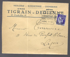 Gannat 1937. Cachet Daguin Sur Enveloppe à En-tête De La Mercerie Tigrain Dedienne, Voyagée Vers Lyon (AS) - 1921-1960: Modern Period