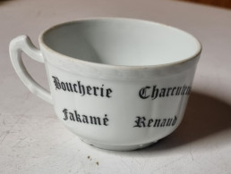 Tasse Publicitaire En Porcelaine Blanche Fleurie Vintage - Tassen