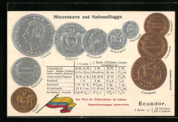 AK Ecuador, Verschiedene Geldmünzen Der Währung Condor & Pound Sterling, Internationale Umrechnungskurse, Flagge  - Munten (afbeeldingen)