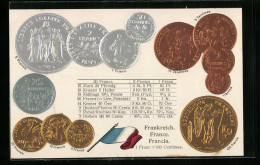 AK Frankreich, Münz-Geld, Währungstabelle, Nationalflagge  - Munten (afbeeldingen)
