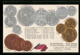 AK Grossbritannien, Münz-Geld, Währungstabelle, Nationalflagge  - Munten (afbeeldingen)