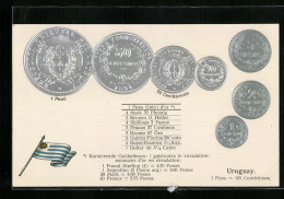 AK Uruguay, Münz-Geld, Wechselkurstabelle, Nationalflagge  - Monedas (representaciones)