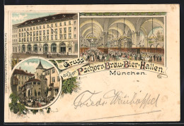 Lithographie München, Gasthaus Pschorr-Bräu-Bier-Hallen, Innenansicht, Kneiphof  - München