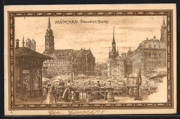 Lithographie München, Viktualienmarkt Mit Ständen  - München