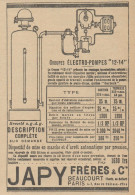 Electro-Pompes JAPY - Pubblicità D'epoca - 1921 Old Advertising - Werbung