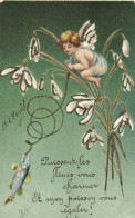 Carte Gaufrée1er Avril Petit Ange Dans Les Fleurs Puissent Les Fleurs Vous Chamer Et Mon Poisson Vous Regaler Pionnière - April Fool's Day