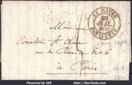 FRANCE MARQUE POSTALE POUR PARIS AVEC CAD LE HAVRE ESTAFETTE DU 26/07/1831 - 1801-1848: Voorlopers XIX