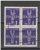 REGNO 1930 POSTA  AEREA SOGGETTI ALLEGORICI 1 LIRA  QUARTINA USATA - Airmail