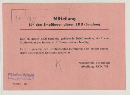 ZKD: Mitteilungskarte Des MdI/ZKD Wegen Rückgabe Eines Umschlags - Otros & Sin Clasificación