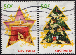 AUSTRALIA 2009 QEII 50c Joined Pair Multicoloured, Christmas-Christmas Star/Candles & Christmas Tree Used - Usados