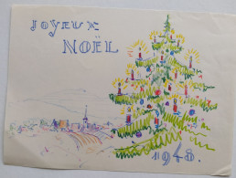 Dessin Aux Crayons De Couleur Joyeux Noel 1948 Sapin Village  De Jean Muller Strasbourg - Disegni