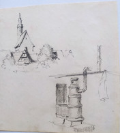 Dessin Au Crayon Eglise Maison Alsacienne Non Localisés Et Poele Ancien  De Jean Muller Strasbourg - Disegni