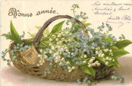 Illustrateur  Panier De Muguet Et Myosotis Bonne Année Pionnière  RV - Bloemen