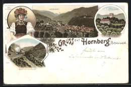 Lithographie Hornberg / Schwarzwald, Gremmelsbachtunnel, Schloss-Hotel, Volkstracht Von Gutach  - Hornberg